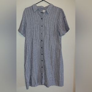 NIC+ZOE Drifty Shirt Dress Organic Linen Stripes Short Sleeve Pockets Womens-M